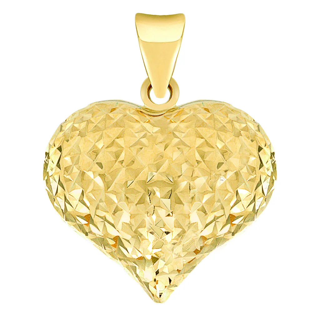 14k Yellow Gold Sparkle Cut Puffed Heart Charm Pendant Necklace