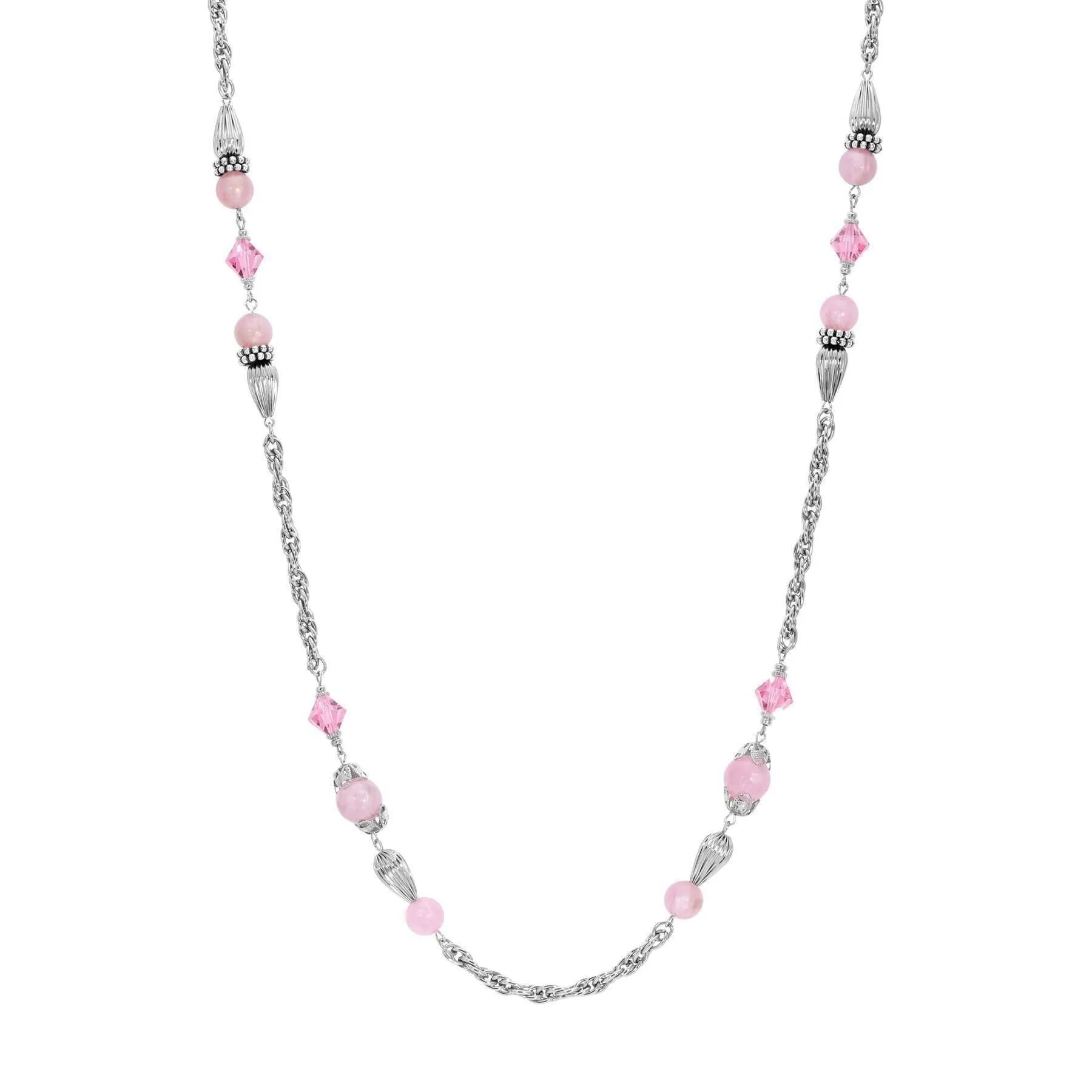 1928 Jewelry Roseate Paradise Peppermint Pink Rose Austrian Crystal Beaded Necklace 32"
