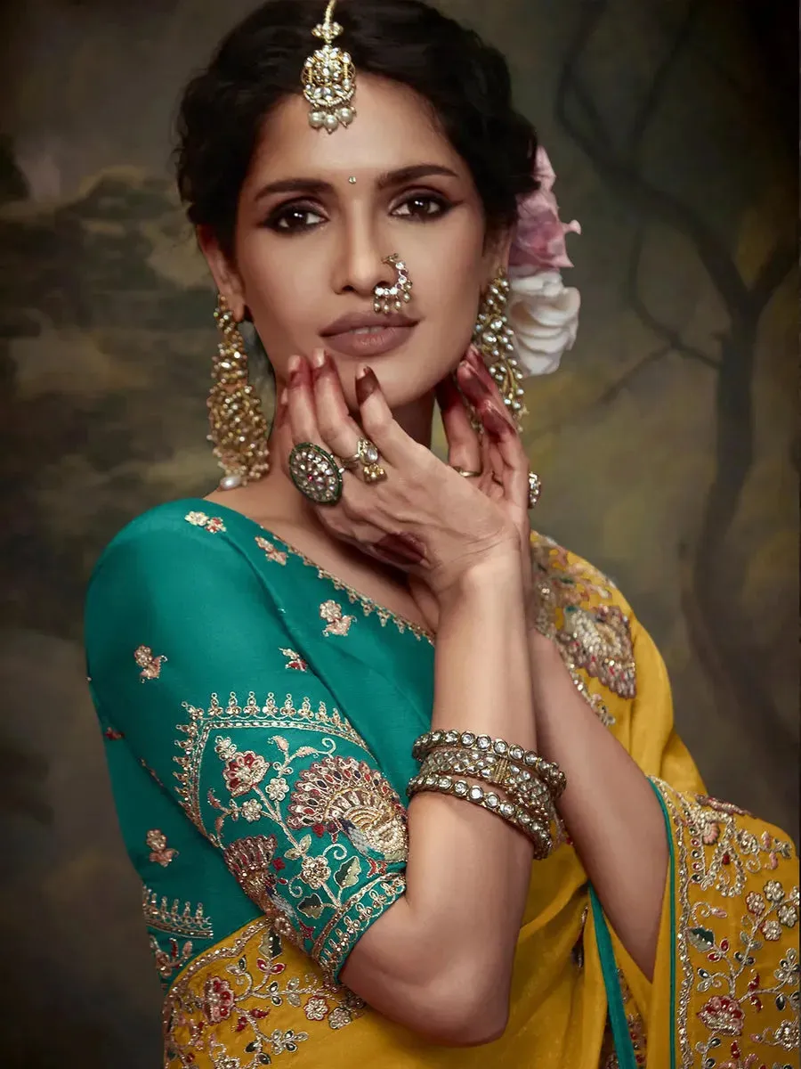 Elegant Mustard Yellow Embroidered Fancy Saree
