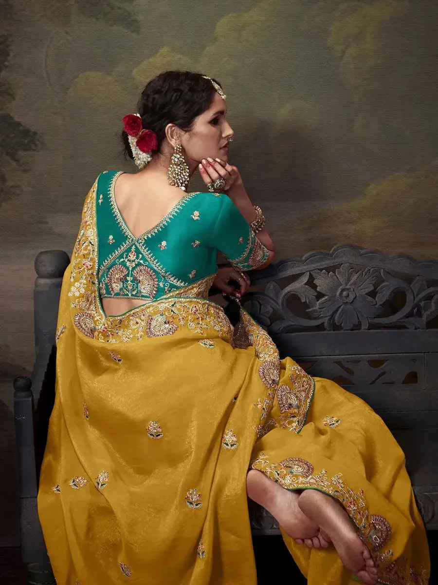 Elegant Mustard Yellow Embroidered Fancy Saree