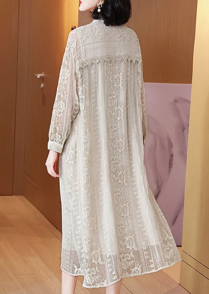 FLYTONN- Elegant Beige Embroidered Button Silk Long Dresses Long Sleeve OP1091