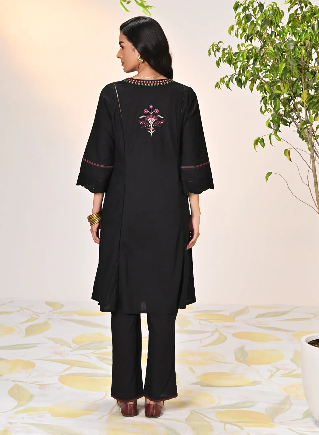Harleen Ivory with Black Embroidered Cotton Linen Kurta Set for Women
