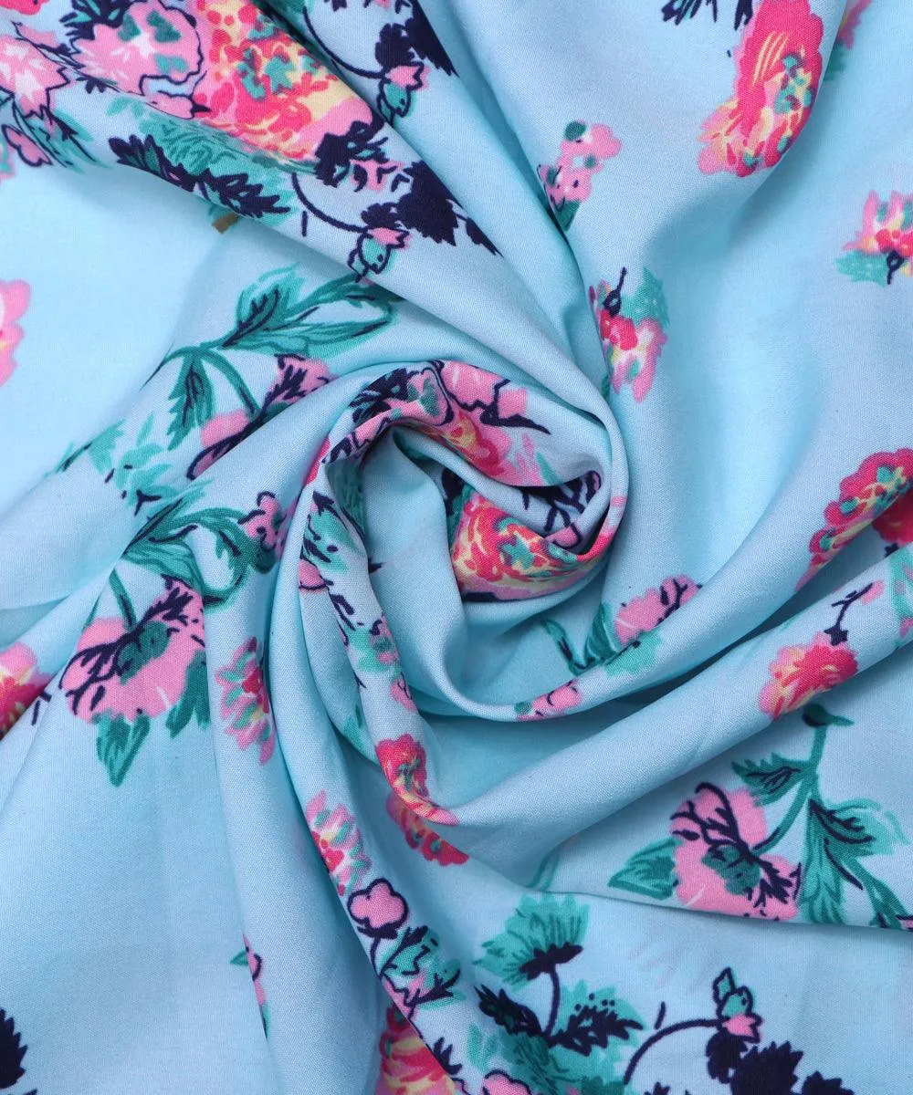 Light Blue Floral Pattern Crepe Fabric