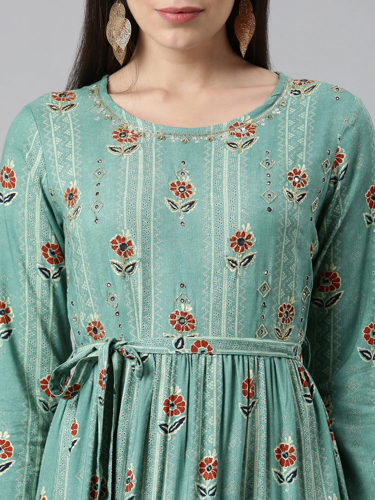 Neerus Women Sea Green Floral Printed Anarkali Kurta