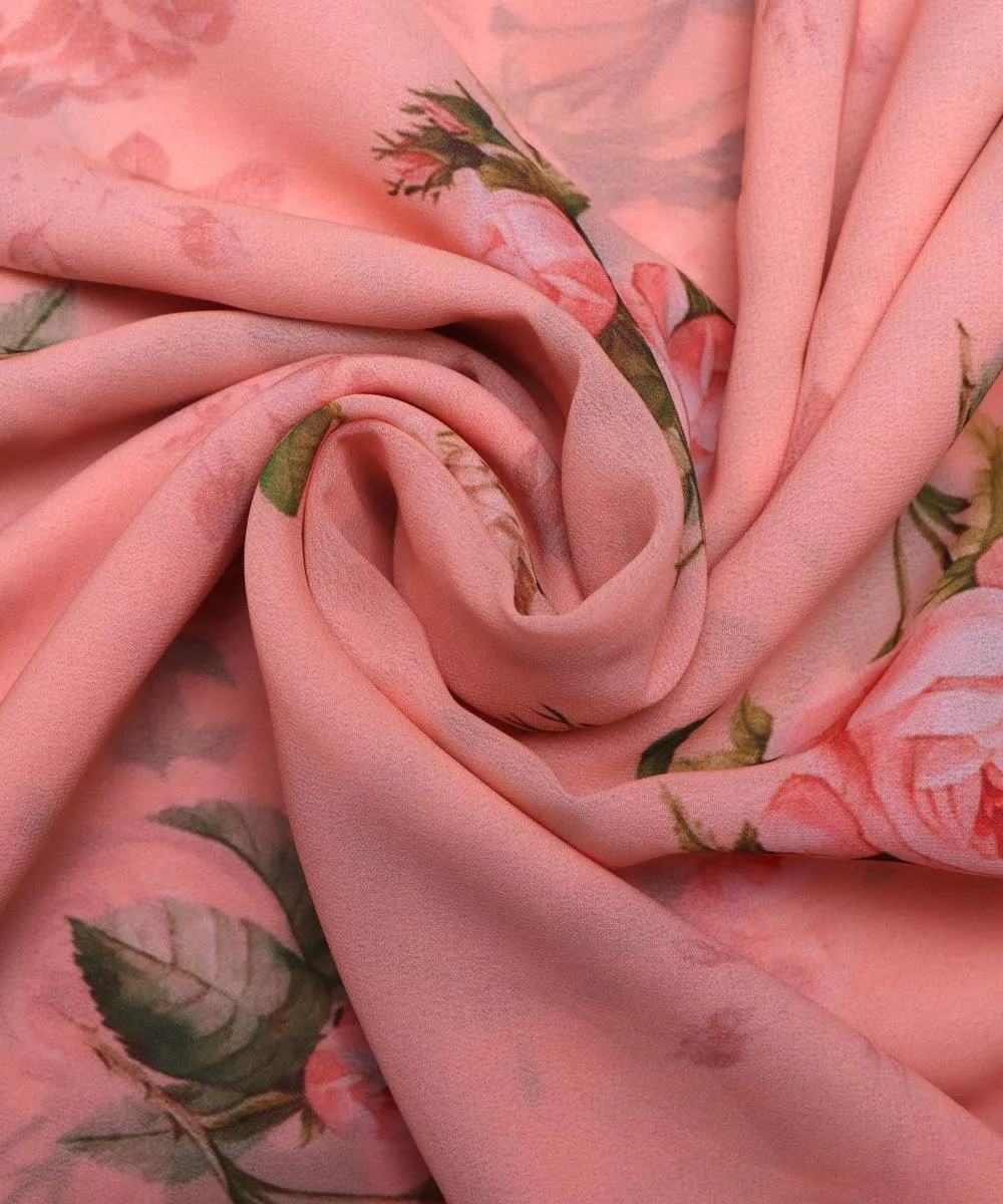 Peach Green Colour Floral Print Viscose Georgette Fabric