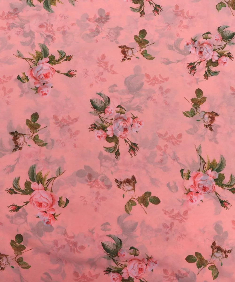 Peach Green Colour Floral Print Viscose Georgette Fabric