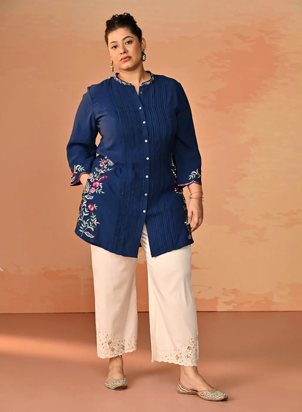 Yumna Navy Embroidered Rayon Shirt for Women
