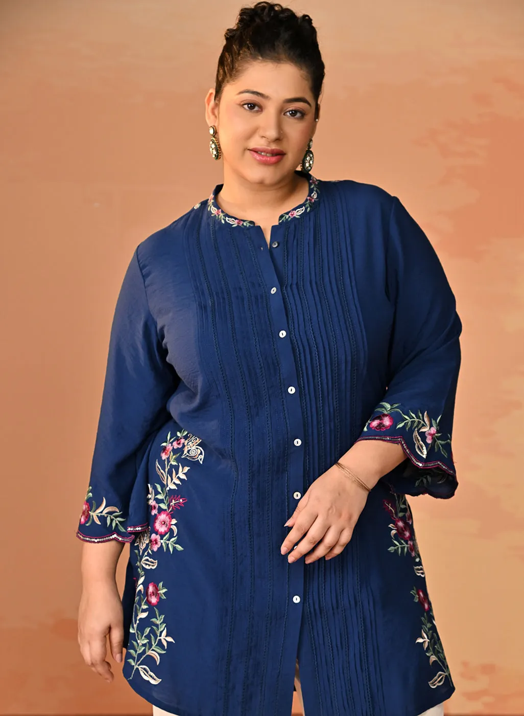Yumna Navy Embroidered Rayon Shirt for Women