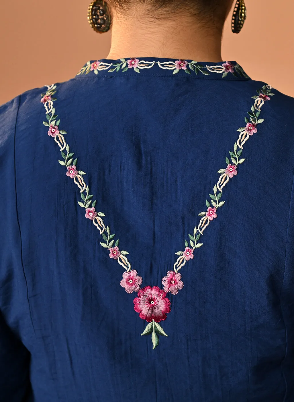 Yumna Navy Embroidered Rayon Shirt for Women