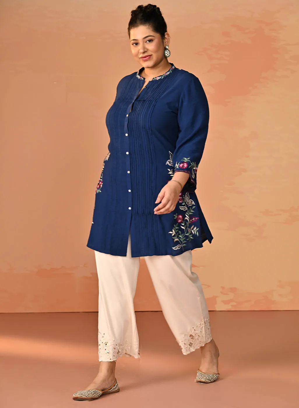Yumna Navy Embroidered Rayon Shirt for Women
