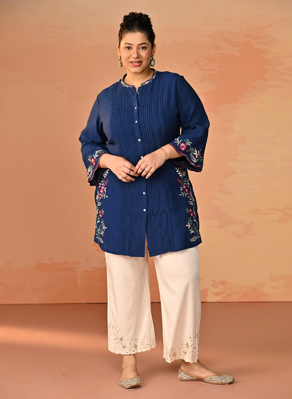 Yumna Navy Embroidered Rayon Shirt for Women