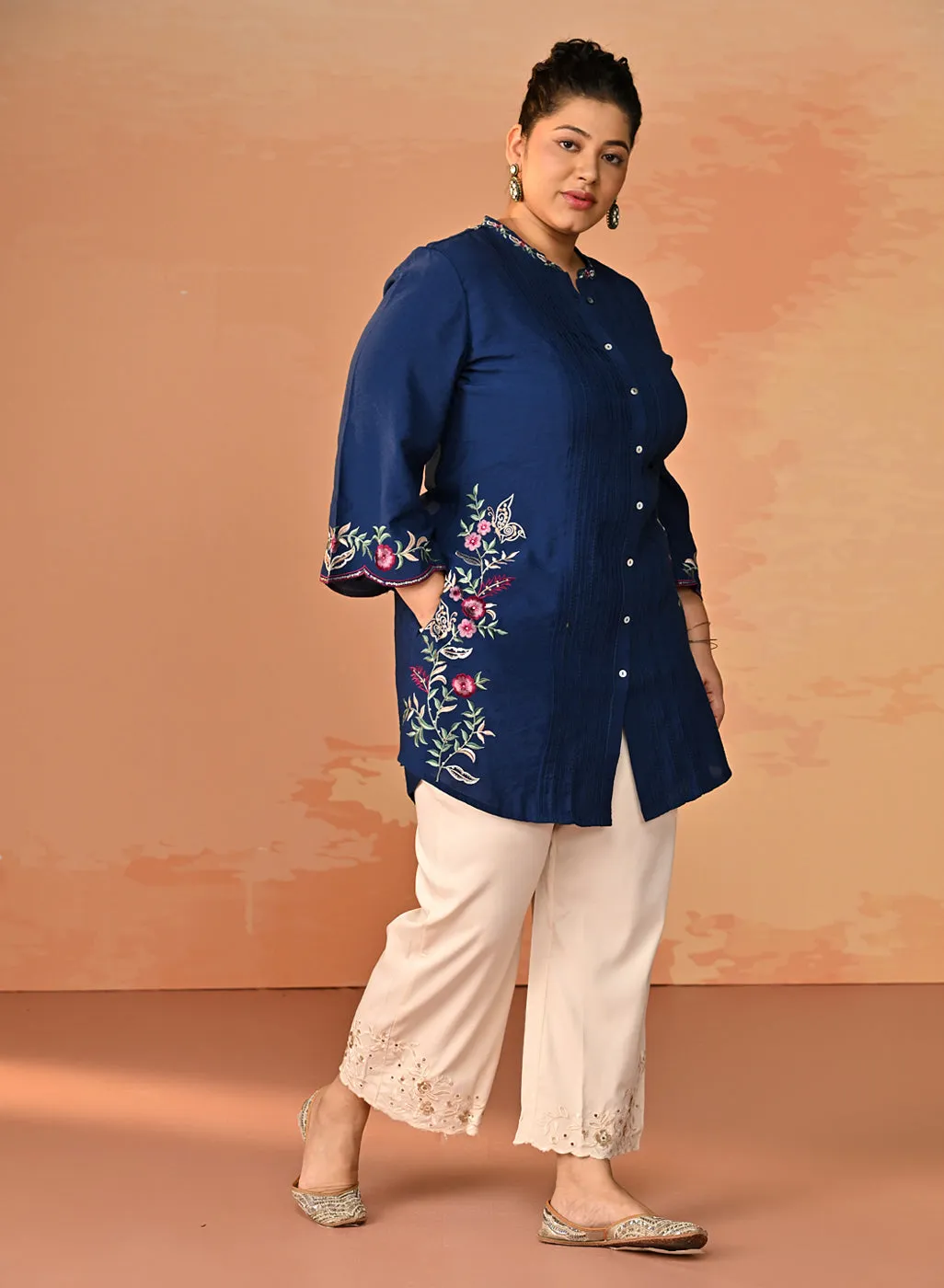 Yumna Navy Embroidered Rayon Shirt for Women